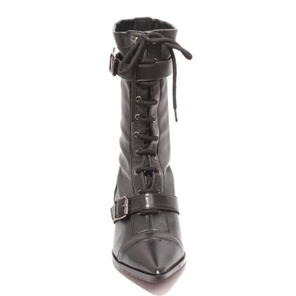 Isabelle 419s Black Leather Stretch Pointy Mid-Calf Heel Boots - Picture 7 of 8